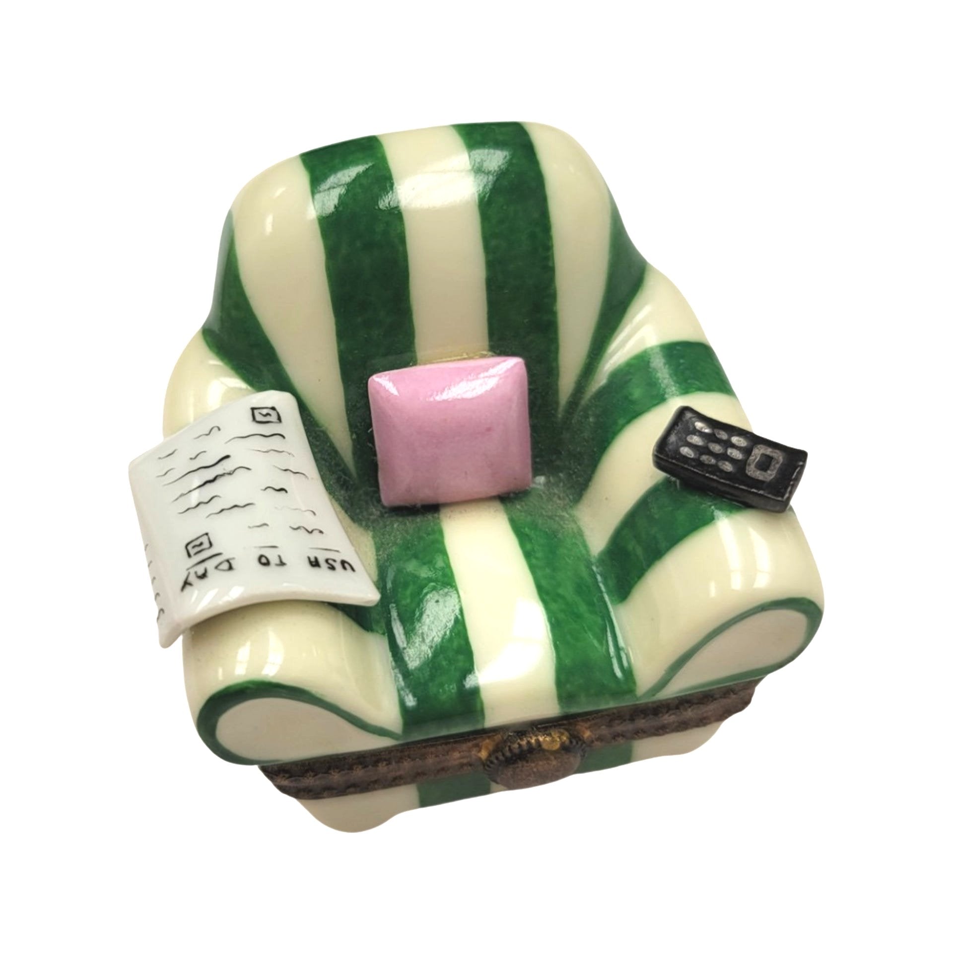 Happy Retirement Green Chair w Newspaper Limoges Box Porcelain Figurine