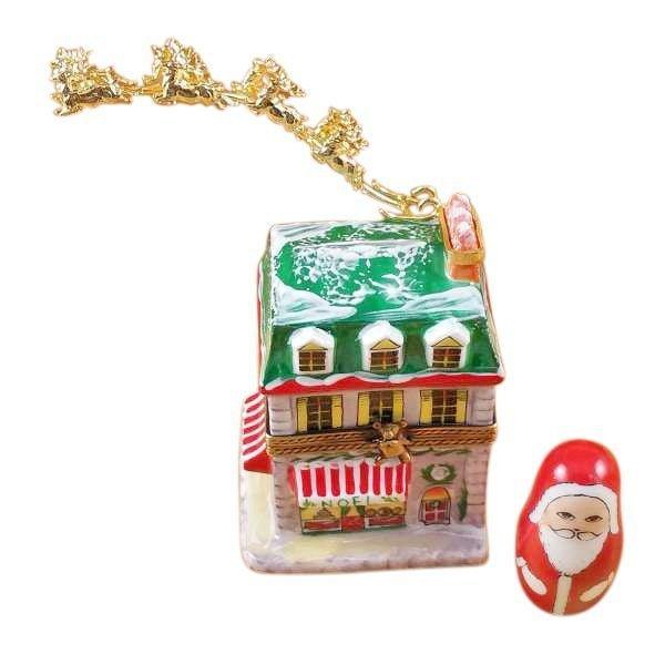 HOUSE WITH SANTA AND BRASS REINDEER - LIMOGES BOX AUTHENTIC