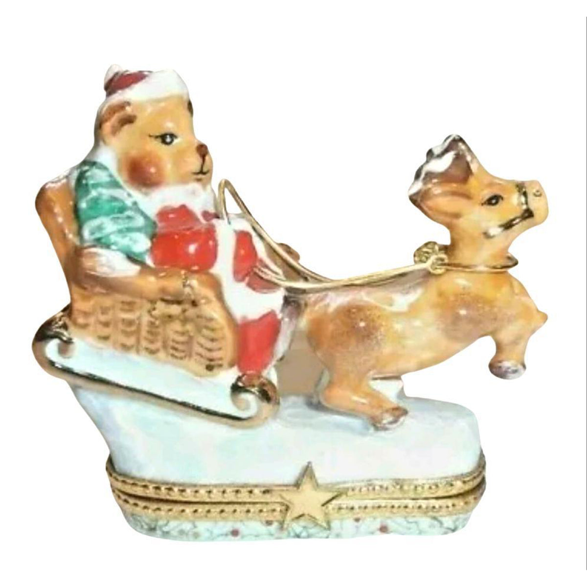 Santa Claus Teddy Bear on Sleigh w Reindeer