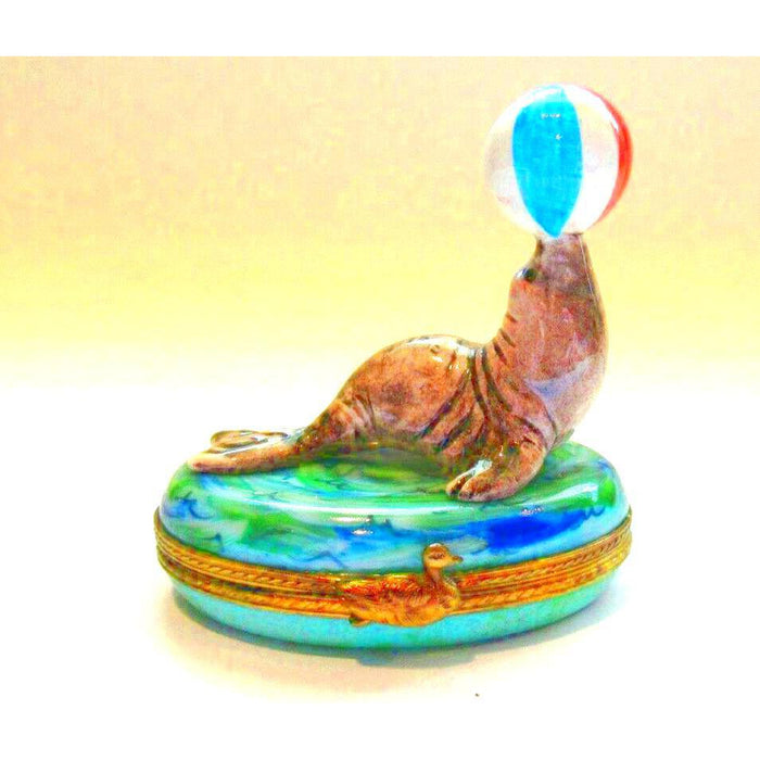 Seal w Beach Ball Fish Limoges Box Figurine - Limoges Box Boutique